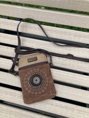 Chala Swirl Dazzle Cellphone Crossbody Purse Handbag Dark Brown Studded